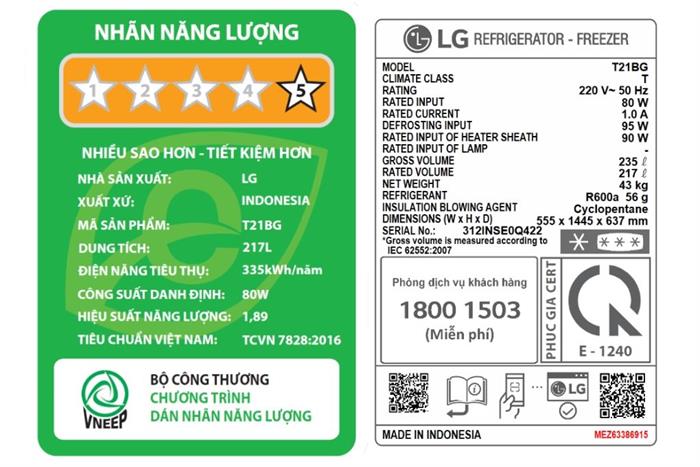 Tủ Lạnh LG Inverter 217 Lít T21BG